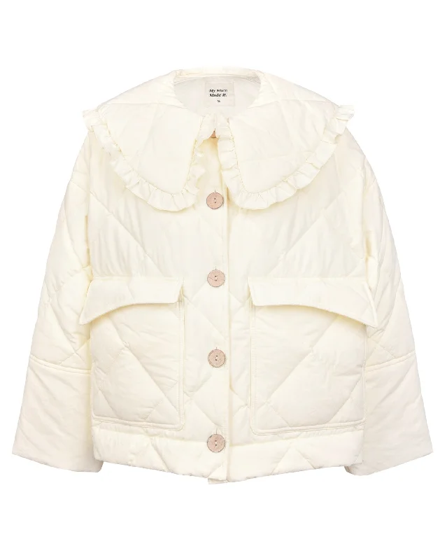 Darcy Frill Jacket - Cream A-Line Jacket Boat Neck Shawl Collar