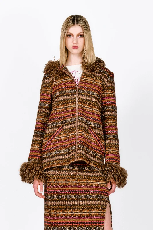 Fair Isle Fleece Faux Curly Lamb Trimmed Hooded Jacket Knit Fabric Woven Fabric Fleece Fabric Fair Isle Fleece Faux Curly Lamb Trimmed Hooded Jacket Knit Fabric Woven Fabric Fleece Fabric