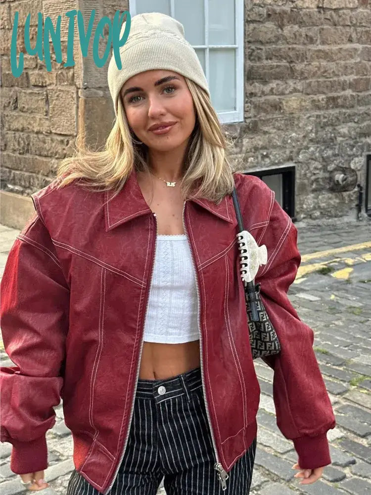 Lunivop Fashion Red Women Stitching Pu Leather Jackets Chic Lapel Long Sleeve Zippered Coats Autumn Female Pockets Street Jacket Fitted Jacket Loose Jacket Oversized Jacket