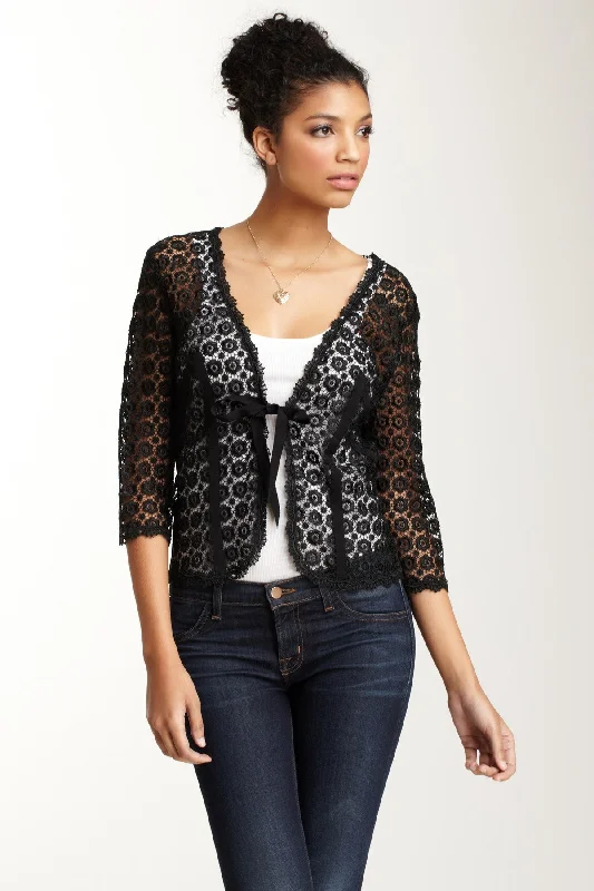 Guipure Lace Tie Jacket - Black V-Neck Jacket Boat Neck Jacket Square Neck Jacket