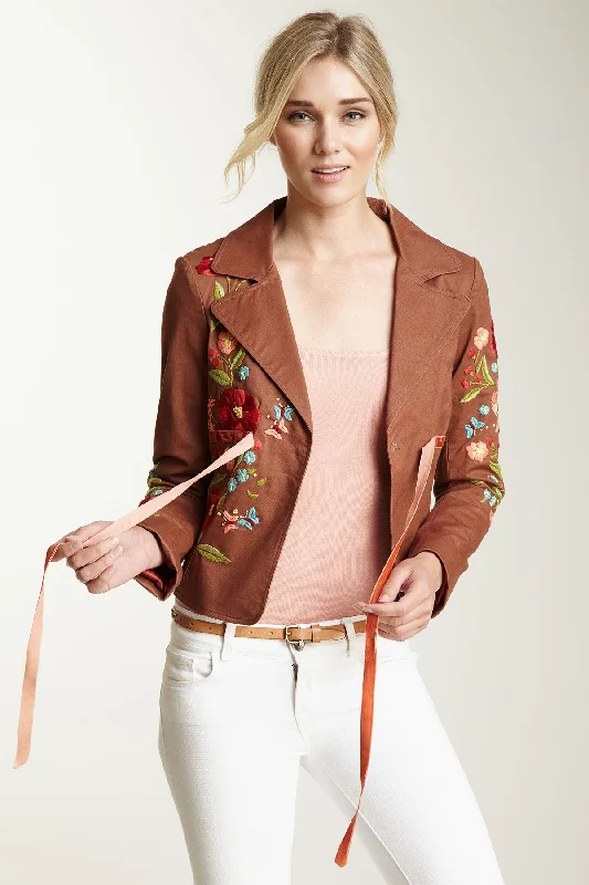 Hand Embroidered Brushed Twill Tie Jacket - Nutmeg Boat Neck Shawl Collar Notched Collar Hand Embroidered Brushed Twill Tie Jacket - Nutmeg Boat Neck Shawl Collar Notched Collar