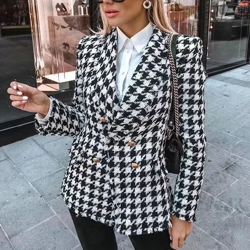 Houndstooth jacket women autumn retro thick plaid jacket Jacket Blazer Coat