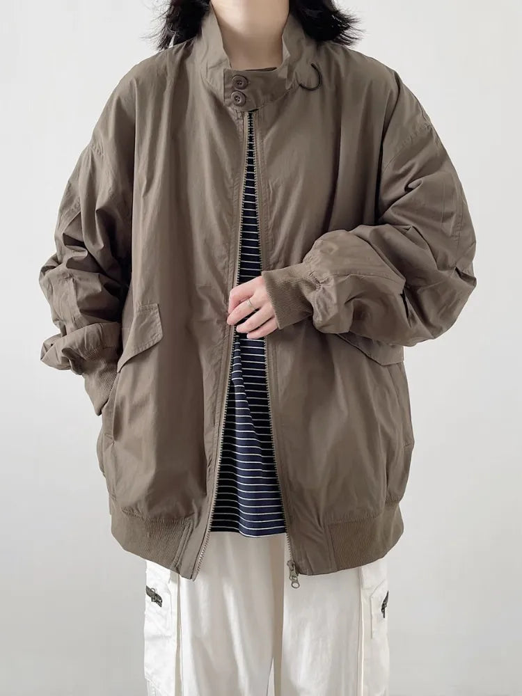HOUZHOU Harajuku Japanese Style Bomber Jackets Women Hippie Korean Streetwear Solid Zip Up Cargo Jacket Oversize Casual Coat Trench Coat Raincoat Waterproof Jacket