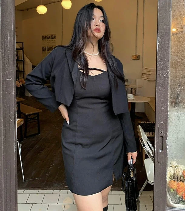 Kim Solid Color Black Spaghetti Straps Mini Dress Cropped Blazer Jacket Two Piece Matching Set Cotton Fabric Linen Fabric Terry Fabric Kim Solid Color Black Spaghetti Straps Mini Dress Cropped Blazer Jacket Two Piece Matching Set Cotton Fabric Linen Fabric Terry Fabric