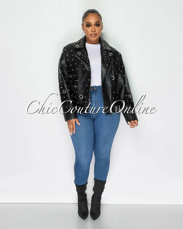 Kizzie Black Vegan Leather Spikes Oversized Jacket Print Jacket Jacquard Jacket Patchwork Jacket Kizzie Black Vegan Leather Spikes Oversized Jacket Print Jacket Jacquard Jacket Patchwork Jacket