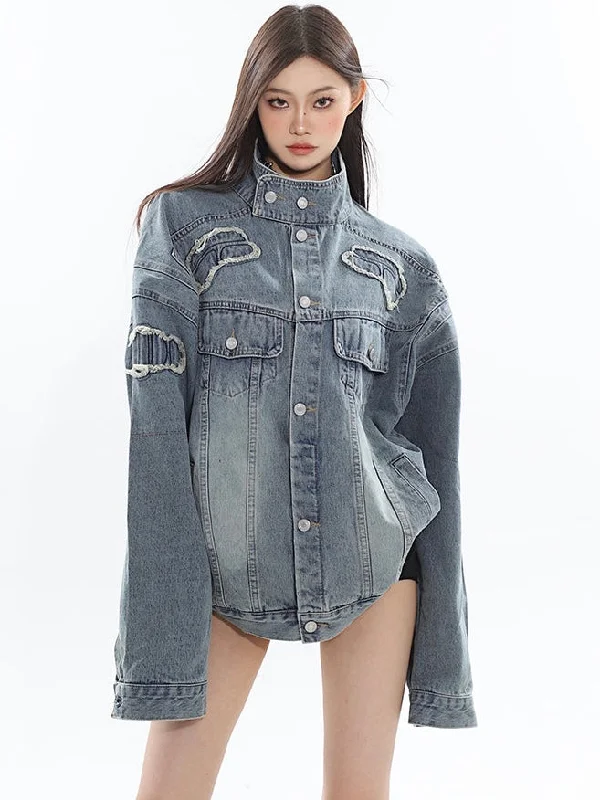 Louis Washed Denim Blue Patchwork Long Sleeve Button Up Turtleneck Jean Jacket Snapped Jacket Toggled Jacket Drawstring Jacket Louis Washed Denim Blue Patchwork Long Sleeve Button Up Turtleneck Jean Jacket Snapped Jacket Toggled Jacket Drawstring Jacket