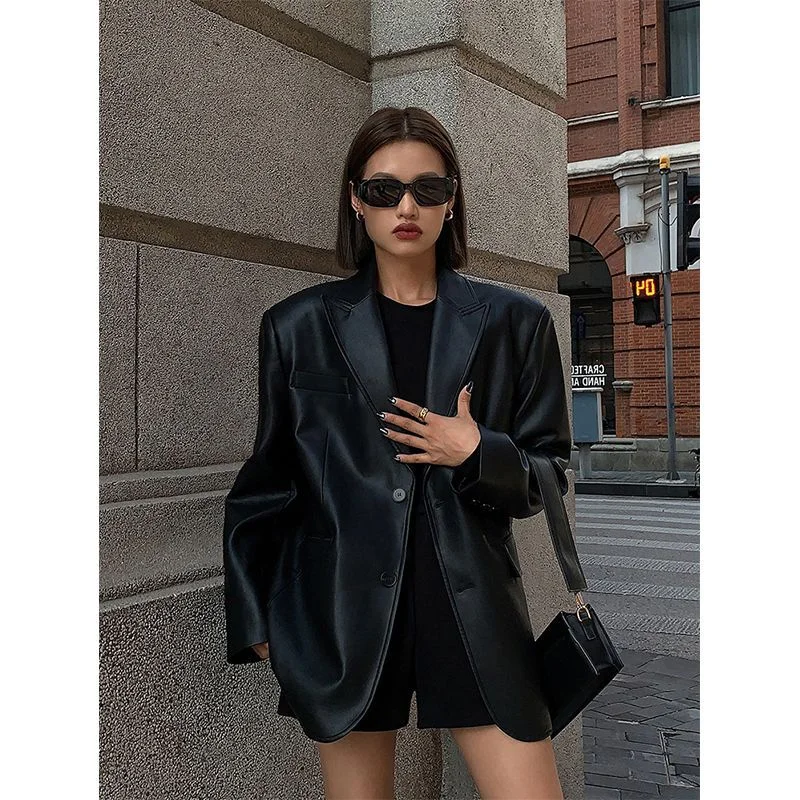 Lunivop frat outfits Women's Leather Suit Jacket 2024 Autumn and Winter Advanced Texture Loose PU Leather Suit Boat Neck Shawl Collar Notched Collar