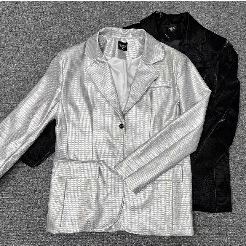 silver plaid leather coat