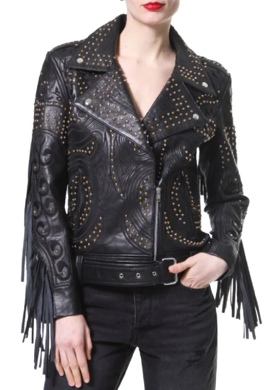 Madonna and Co Studded Fringe Leather Biker Jacket Cotton Jacket Linen Jacket Terry Jacket Madonna and Co Studded Fringe Leather Biker Jacket Cotton Jacket Linen Jacket Terry Jacket