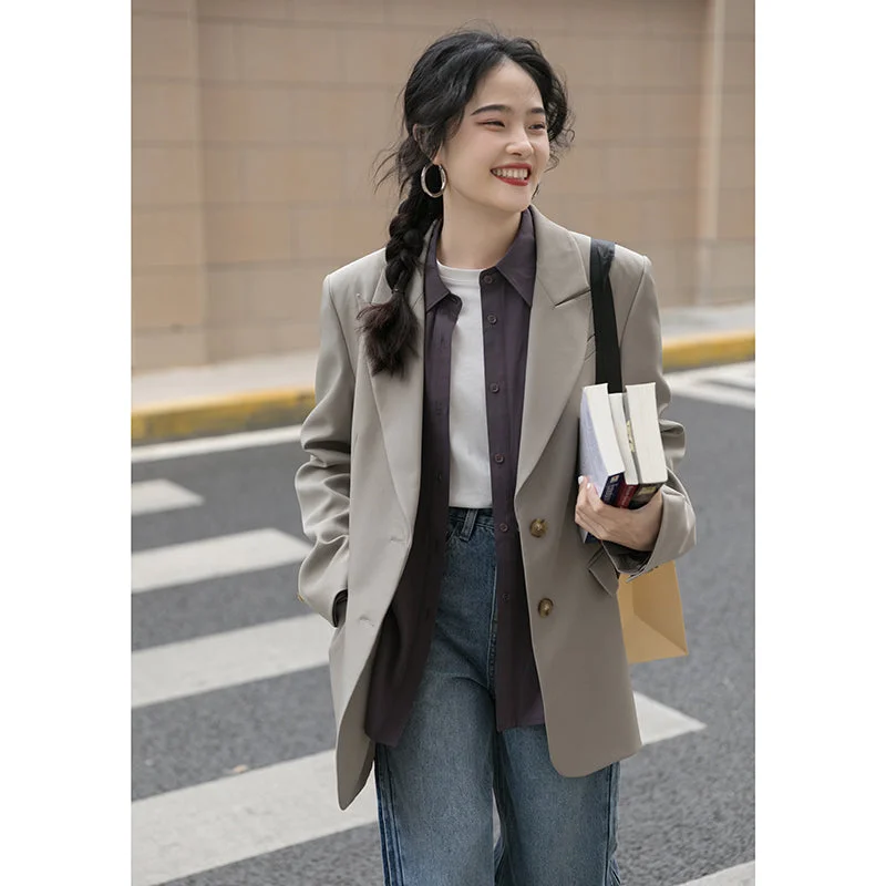 Miding Casual Gray Suit Jacket Women Spring And Autumn Front Pockets Side Pockets Patch Pockets
