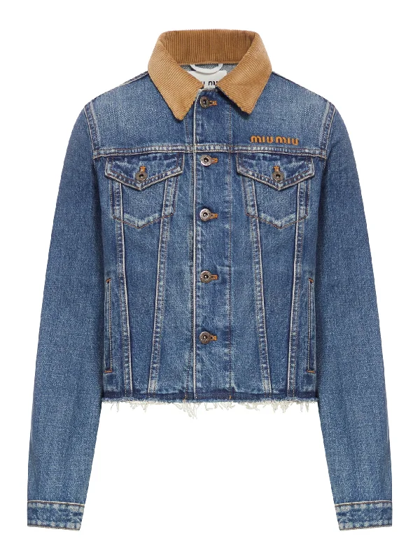 DENIM JACKET WITH VELVET COLLAR Anorak Shell Jacket Lightweight Jacket