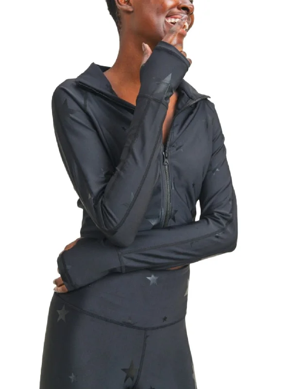 Mono B Star Print Foil Crop Jacket AJ2914 Fleece Fabric Down Fabric Feather Fabric