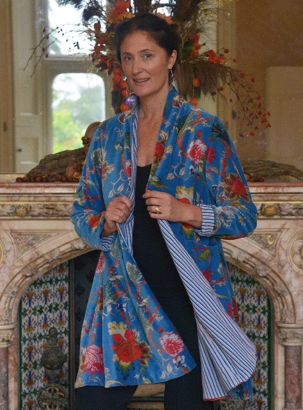 'Nika' Cotton Velvet Jacket | Turquoise Flower Snapped Jacket Toggled Jacket Drawstring Jacket 'Nika' Cotton Velvet Jacket | Turquoise Flower Snapped Jacket Toggled Jacket Drawstring Jacket