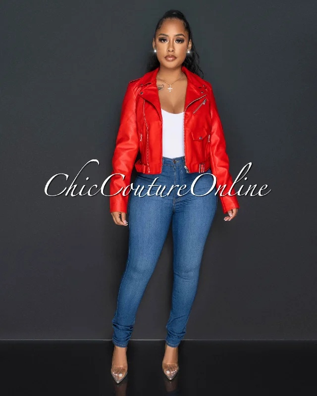 Payami Red Vegan Leather Zippered Jacket Chenille Jacket Brocade Jacket Lace Jacket
