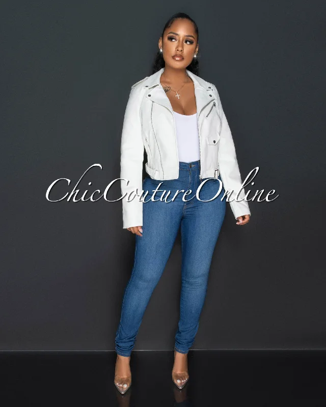 Payami White Vegan Leather Zippered Jacket Denim Fabric Leather Fabric Suede Fabric Payami White Vegan Leather Zippered Jacket Denim Fabric Leather Fabric Suede Fabric