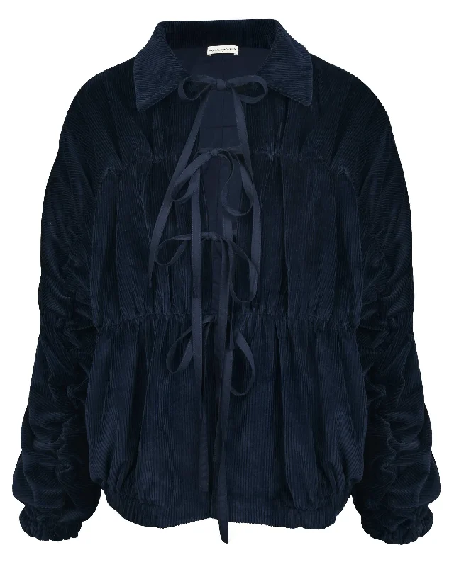Ruche Tie Jacket - Navy Corduroy Chenille Fabric Brocade Fabric Lace Fabric