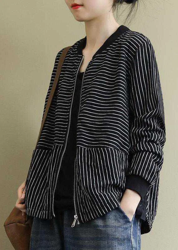Street Black Striped zippered Pockets Fall Jacket Long sleeve Appliqued Jacket Beaded Jacket Sequined Jacket Street Black Striped zippered Pockets Fall Jacket Long sleeve Appliqued Jacket Beaded Jacket Sequined Jacket