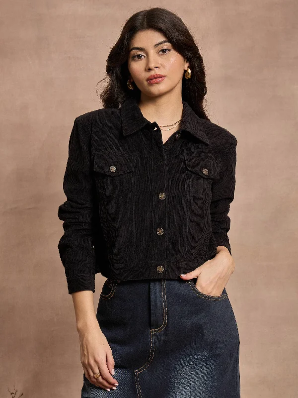Women Black Courduroy Full Sleeve Jacket Front Pockets Side Pockets Patch Pockets