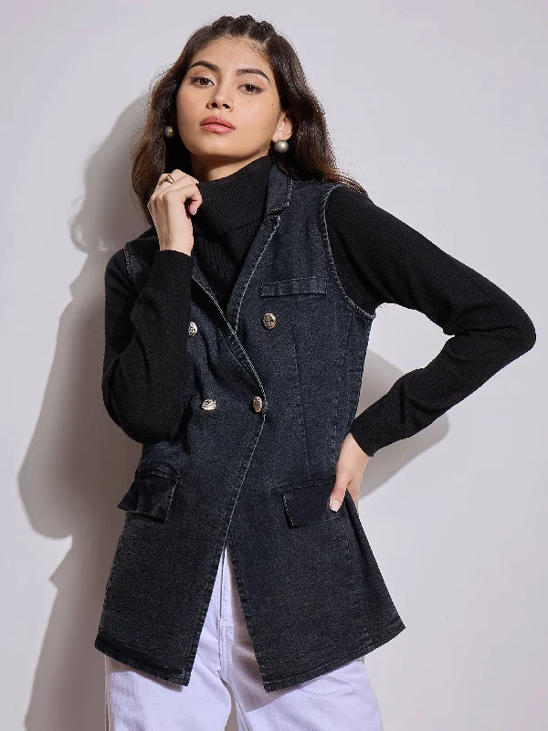 Women Black Denim Flap Pocket Sleeveless Jacket Embroidered Jacket Appliqued Jacket Beaded Jacket Women Black Denim Flap Pocket Sleeveless Jacket Embroidered Jacket Appliqued Jacket Beaded Jacket