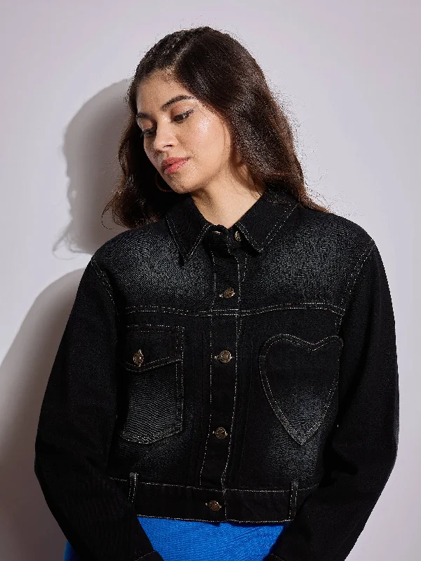 Women Black Denim Heart Pockets Crop Jacket Zip Front Button Front Snap Front