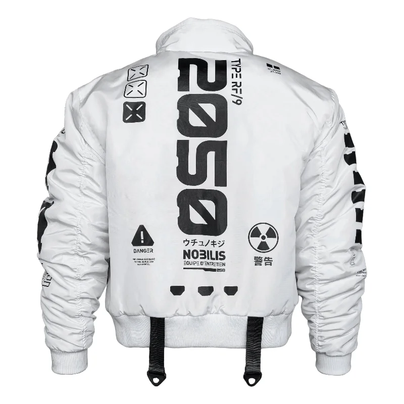Y-2050 White Short Bomber Jacket Hoodie Zip-Up Jacket Button-Up Jacket
