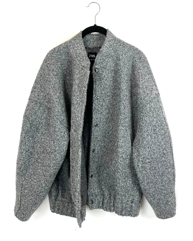 Zara Gray Wool-Like Bomber Jacket - Extra Small/Small Appliqued Jacket Beaded Jacket Sequined Jacket Zara Gray Wool-Like Bomber Jacket - Extra Small/Small Appliqued Jacket Beaded Jacket Sequined Jacket