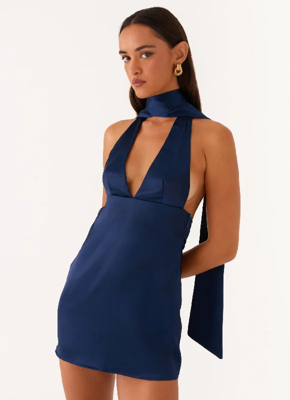 Alicia Satin Halter Mini Dress - Navy Classic Solid Mini Dress