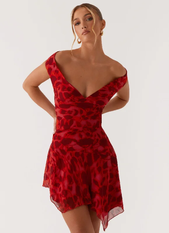 Alma Mini Dress - Deep Red Floral Comfortable Linen Mini Dress
