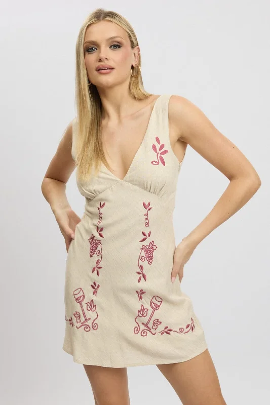 Beige Mini Dress V Neck Embroidery Comfortable One-Shoulder Mini Dress