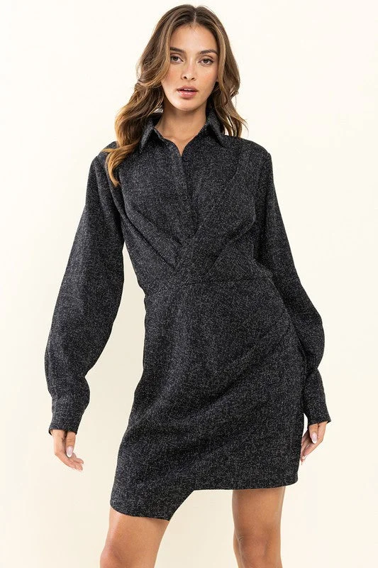 BLACK  COLLARED WRAP MINI DRESS DNI51672 Stylish Spaghetti Strap Mini Dress