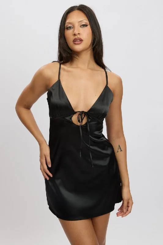 Black Mini Dress Front Tie Strappy Satin Trendy Floral Mini Dress