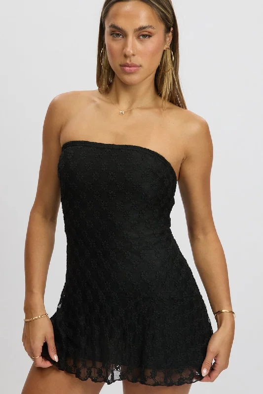 Black Mini Dress Strapless Lace Trendy Button-Detail Mini Dress