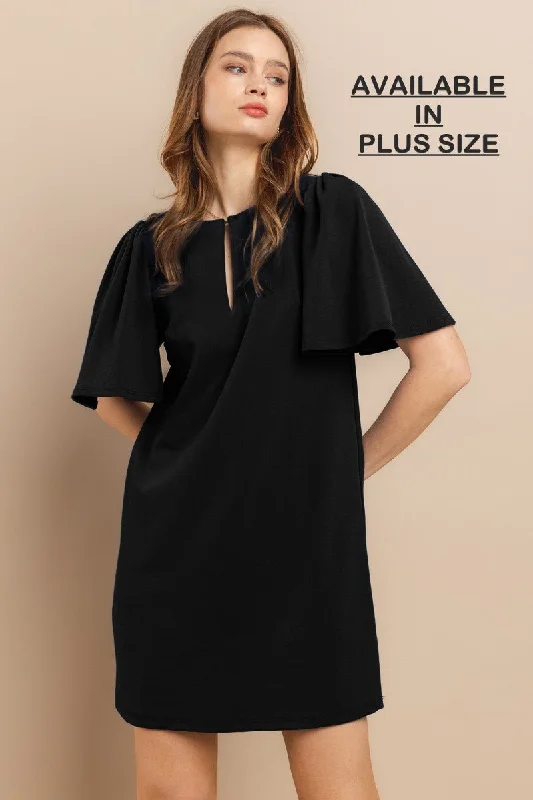 BLACK RUFFLED SHORT SLEEVES FRONT KEYHOLE PLUS SIZE MINI DRESS PDU52260SA Comfortable Casual Mini Dress