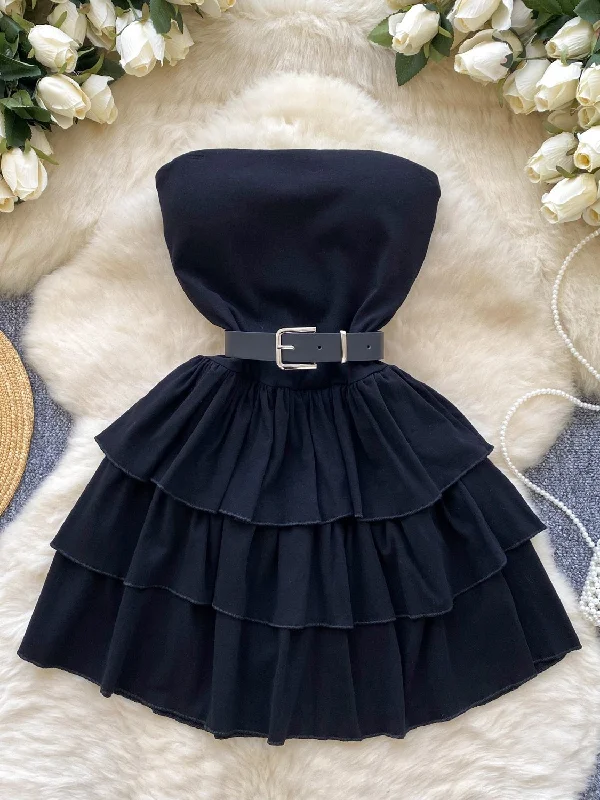 Black Strapless Belt Ruffles Short Mini Dress Comfortable Shift Mini Dress