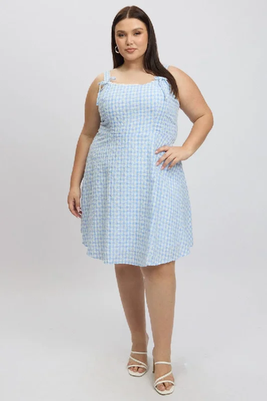 Blue Check Gingham Embroidered Mini Dress Elegant Off-Shoulder Dress Mini