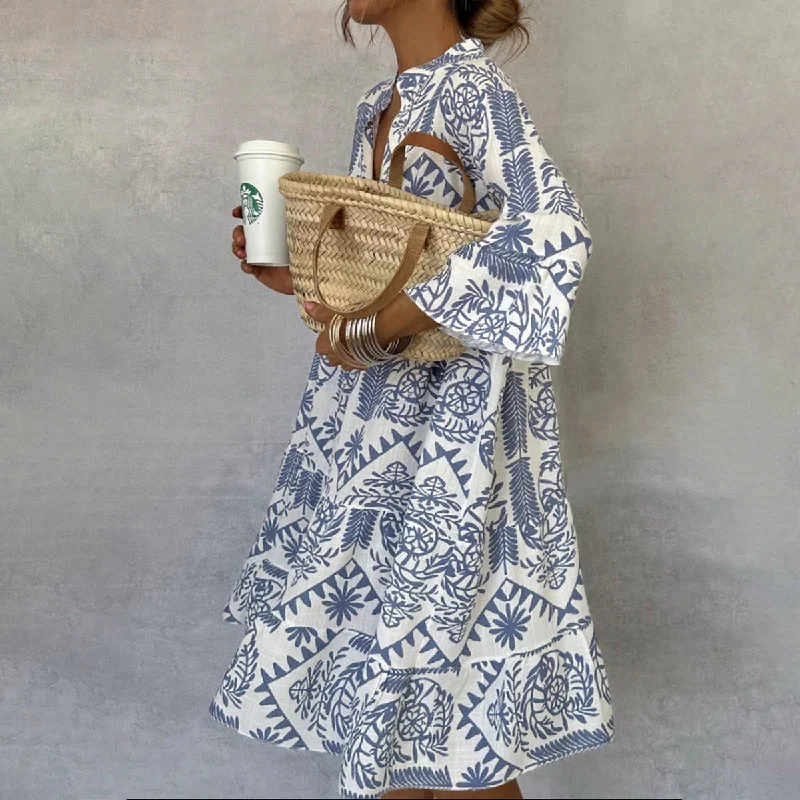Blue V-Neck 3/4 Sleeve Mini Dress Fashionable Mini Dress with Frills
