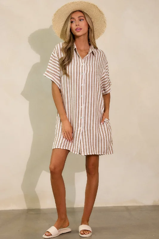 Chasing Joy Taupe Stripe Button Front Mini Dress Trendy Crossover Mini Dress