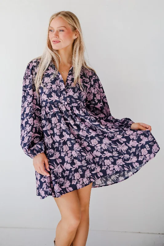 Chic Sense Navy Floral Babydoll Mini Dress Comfortable Ruffle Mini Dress