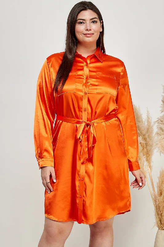 CORAL SATIN BUTTON-DOWN WAIST-TIE PLUS SIZE MINI DRESS AVD51629WX Trendy Off-Shoulder Dress Mini CORAL SATIN BUTTON-DOWN WAIST-TIE PLUS SIZE MINI DRESS AVD51629WX Trendy Off-Shoulder Dress Mini