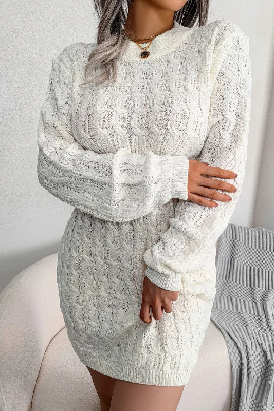 Cozy Winter Fisherman Cable Knit Bodycon Sweater Mini Dress - White Cozy Knit Mini Dress