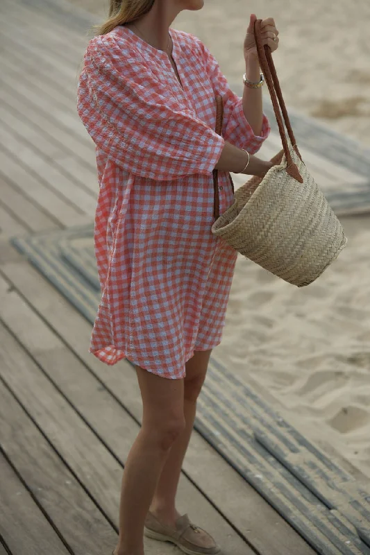 Crinkle Mini Dress - Coral/White Fashionable Denim Mini Dress