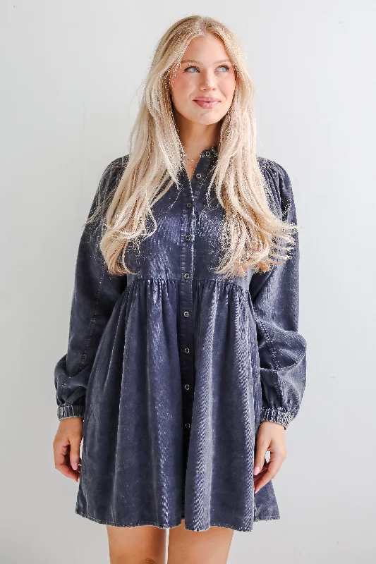 Cutest Expectation Charcoal Corduroy Babydoll Mini Dress Cozy T-Shirt Mini Dress