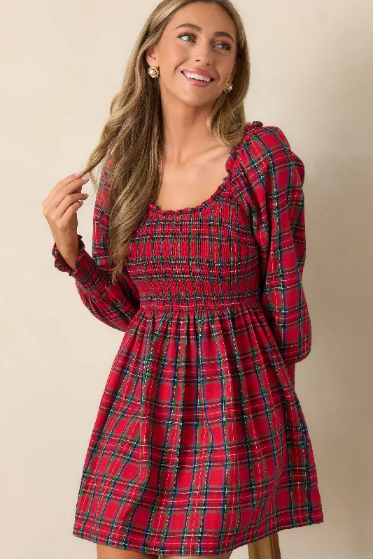 Dance With Me 100% Cotton Red Plaid Long Sleeve Mini Dress Casual High-Waist Mini Dress