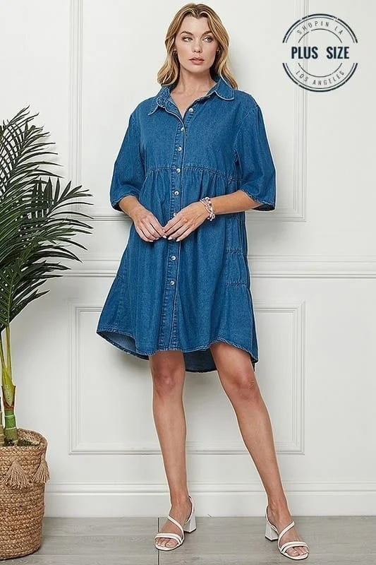 DENIM BLUE SHORT SLEEVES TURN DOWN COLLAR BUTTONED PLUS SIZE MINI DRESS CSP9216P Classic Casual Mini Dress