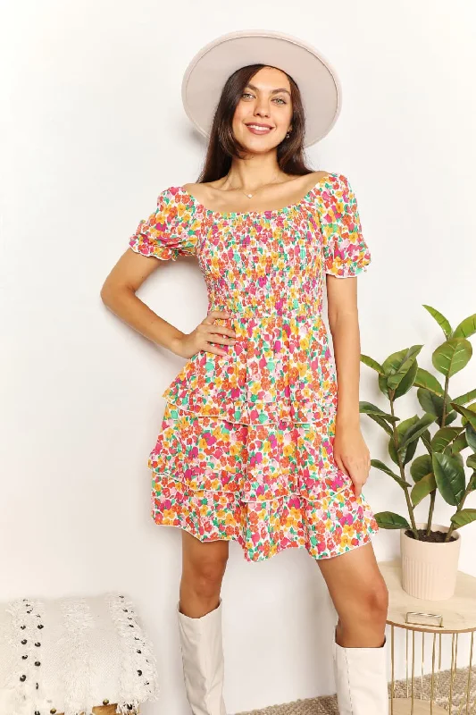 Devine Smocked Sweetheart Neck Flounce Sleeve Mini Dress Chic Sleeveless Mini Dress