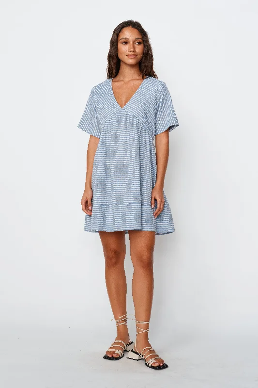 Dune Stripe Mini Dress - Blue / White Chic Tropical Mini Dress