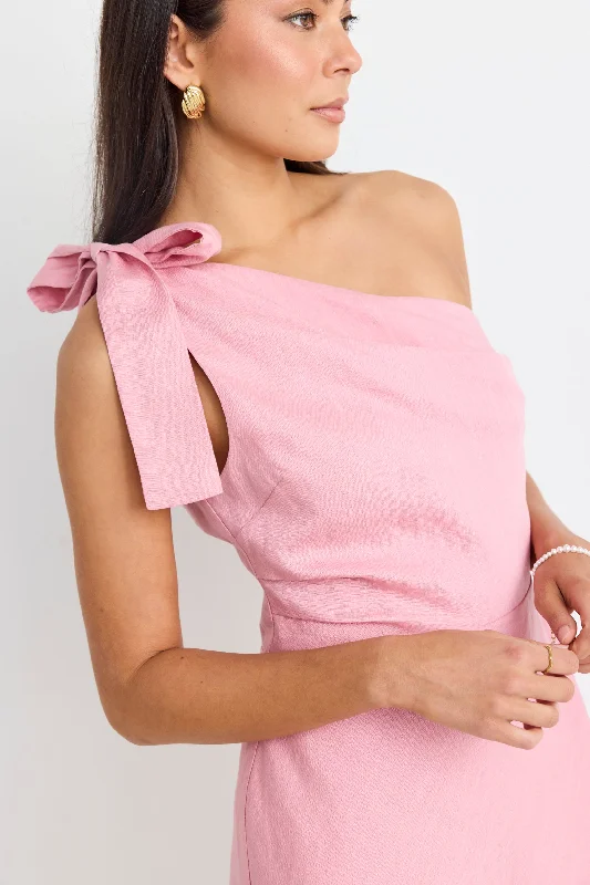 Ecstatic Blush Linen Blend One Shoulder Bow Mini Dress Classic Solid Mini Dress