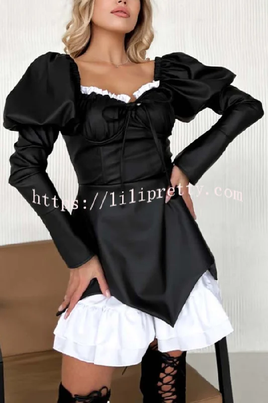 Fashionable Contrast Color Square Neck Long Sleeve Ruffle Hem Mini Dress Elegant Satin Lace Mini Dress Fashionable Contrast Color Square Neck Long Sleeve Ruffle Hem Mini Dress Elegant Satin Lace Mini Dress