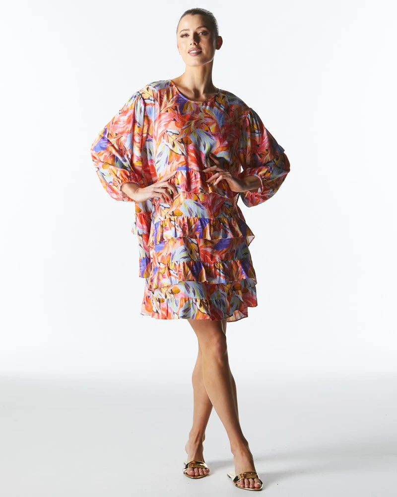 FATE+BECKER MIDSUMMER RUFFLE LONG SLEEVE MINI DRESS SUNSET PALM Elegant Lace-Up Mini Dress