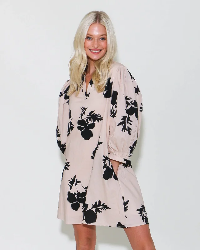 Floral 3/4 Sleeve Mini Dress in Ecru Fashionable Mini Dress with Pockets